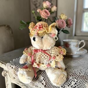 Vintage Victorian Grandmother Teddy Bear | Crocheted Lace Dress & Bonnet | Pearl